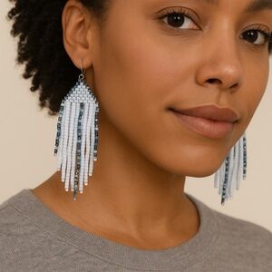 Chic Beaded Fringe Earrings in sky blue  and darker blue